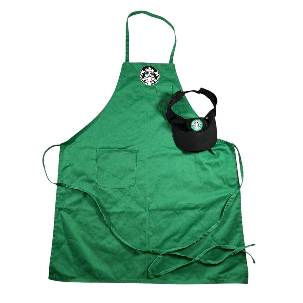 Starbucks Coffee Green Apron & Black Visor Hat Set OSFM Halloween Costume